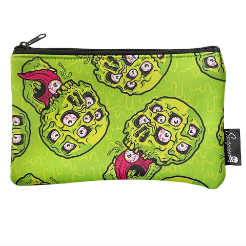 A neon green neoprene zip pouch with a neon green and pink drippy skull and eyeball pattern. Art by Nik Scarlett.