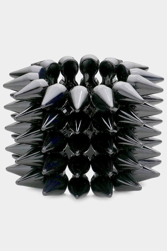 5-row stacks of 7/8" long shiny black plastic cone spikes stretch bracelet