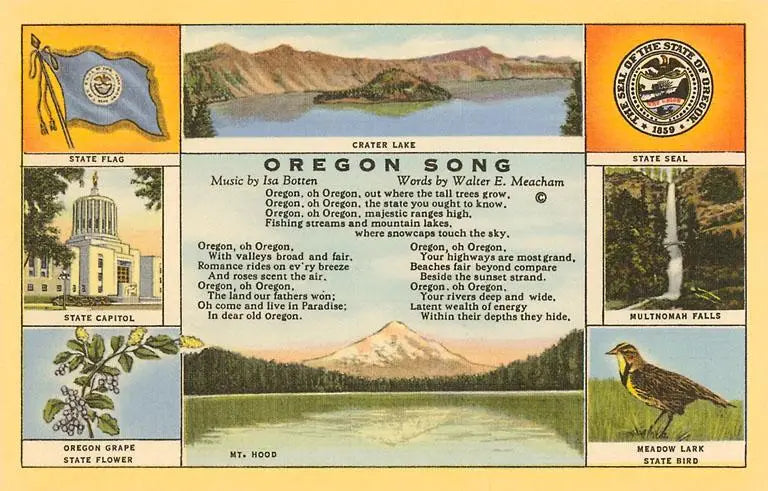 Rectangular magnet featuring the Oregon state song and various landmarks