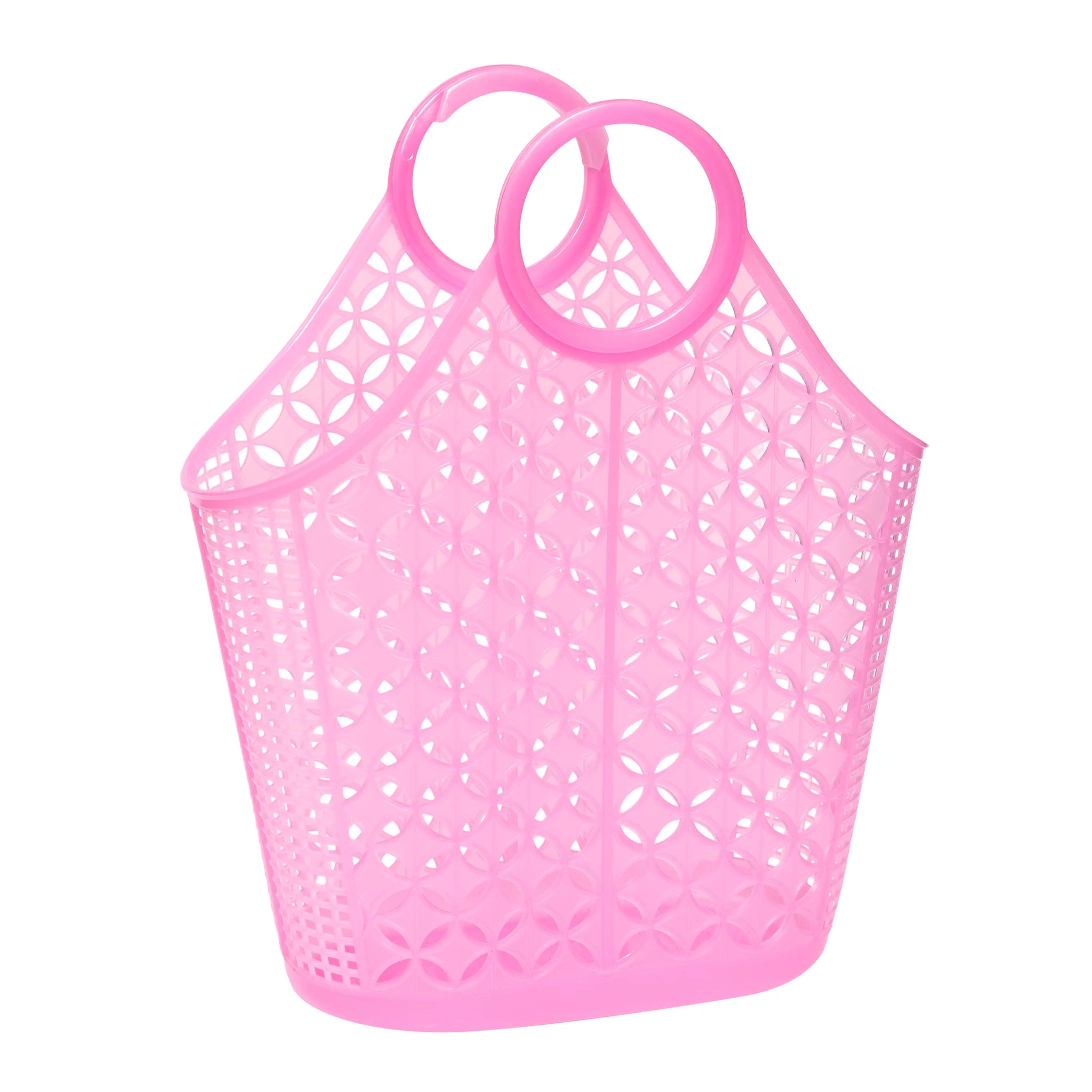 A large neon pink plastic purse with two round interlocking handles, a flat base, and a diamond and grid pattern