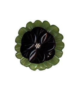 jade green & black layered Retrolite multi-petal flower brooch with silver metal center