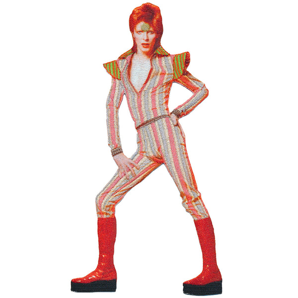 An embroidered patch of David Bowie posing in a striped red and silver jumpsuit and wearing red and black platform boots