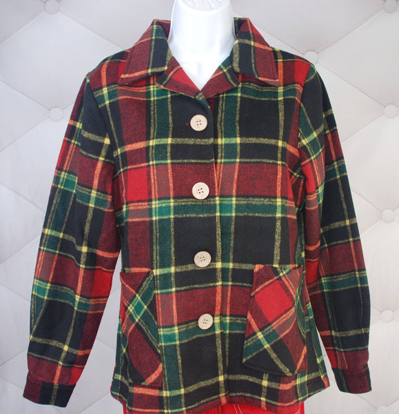 1940s style black, red, green, and yellow plaid reproduction patch pocket flannel jacket with coconut buttons