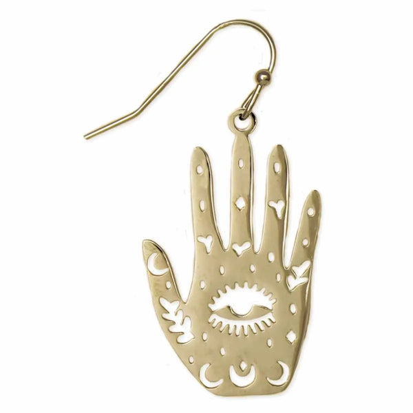stylized pair of hand dangle earrings in gold metal with cutout details of eyes, moons, and hearts