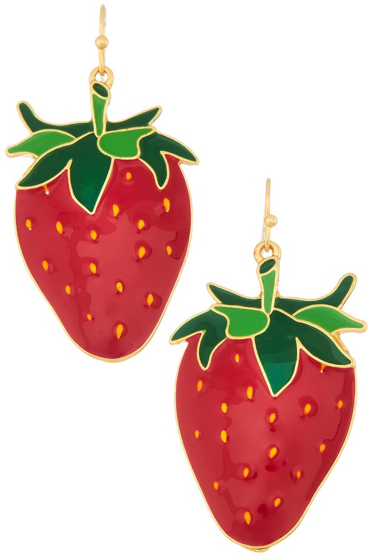 pair shiny enameled gold metal red and green strawberry dangle earrings
