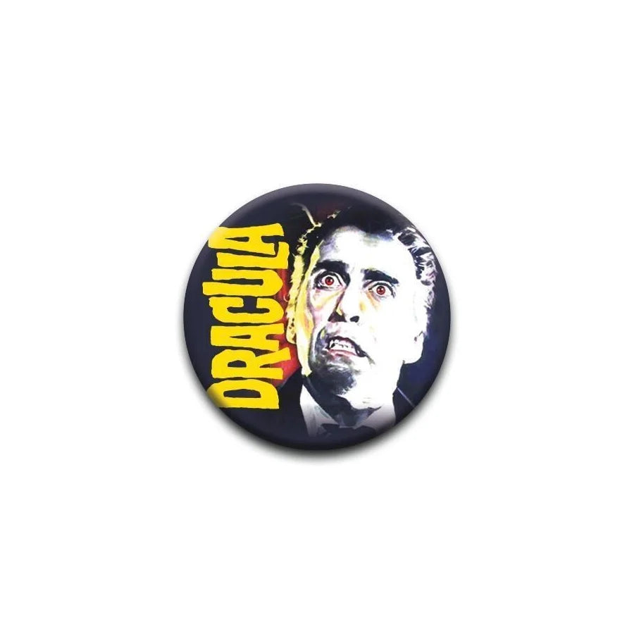 Christopher Lee in his role as Dracula from the 1958 Hammer Productions version of Dracula on a 1.25” pinback button