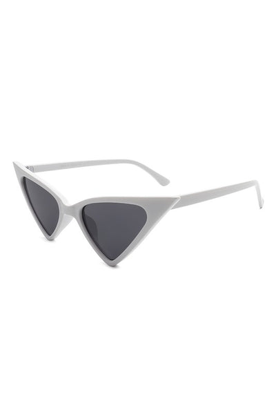 Shiny white plastic frame extreme triangle shape sunglasses with dark smoke lens. Seen from a 45 degree angle to show arms