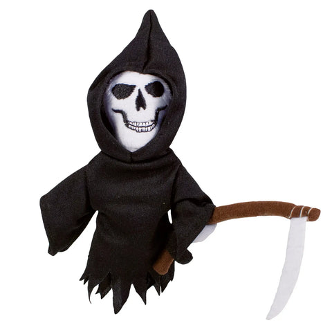 A plush finger puppet in the shape of the Grim Reaper holding a wooden scythe 