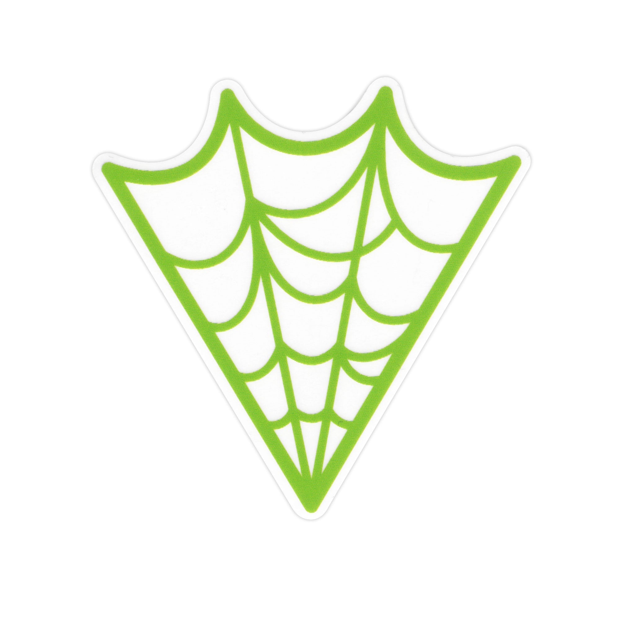 A die cut sticker of a neon green spiderweb on a clear background