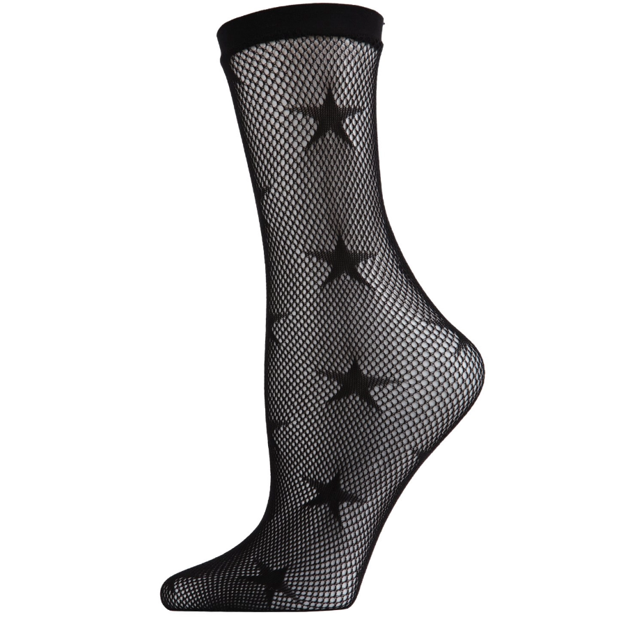 black net crew length sock with allover knit-in star pattern and 7/8" wide top band