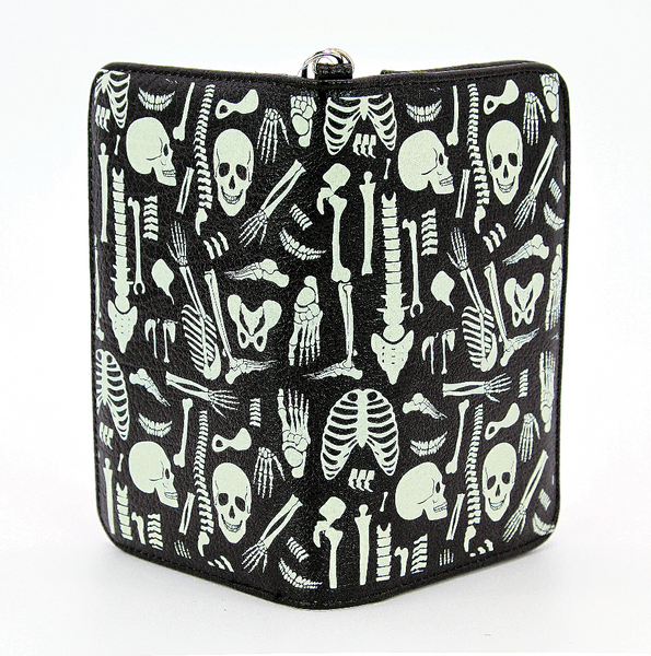 textured black faux leather with allover printed glow-in-the-dark skeleton parts wristlet wallet