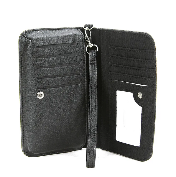 textured black faux leather with allover printed glow-in-the-dark skeleton parts wristlet wallet, showing interior