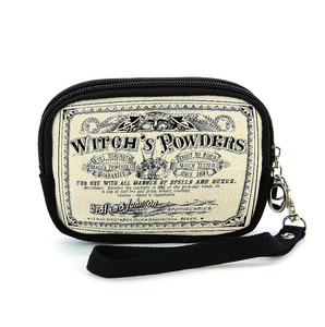 Black & creamy-tan canvas printed "Witch's Powders" vintage label image rectangular pouch with detachable wristlet strap