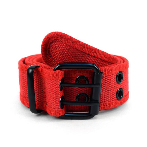 1 1/2" wide adjustable red cotton canvas belt with black enameled metal grommets and double prong buckle