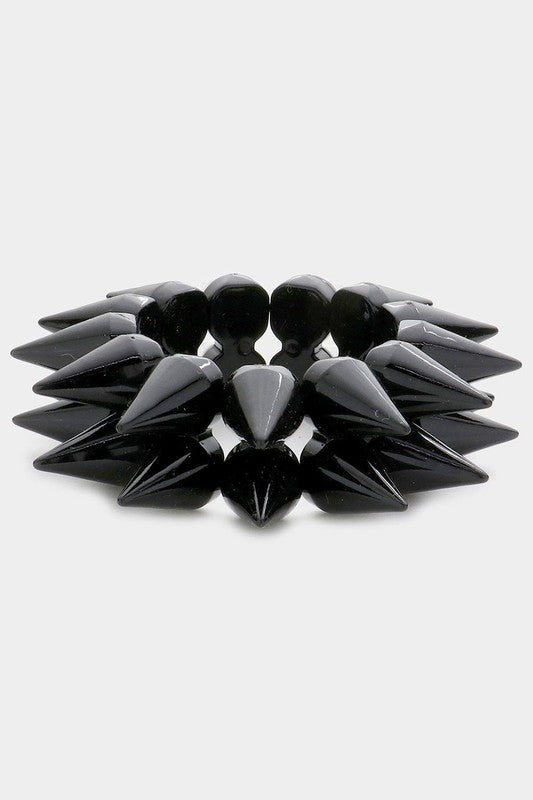 2-row 1" long shiny black plastic cone studs stretch bracelet