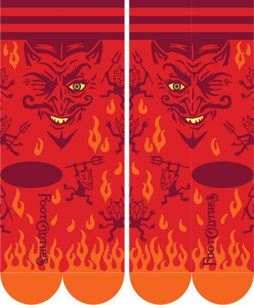 "Vintage Devil" red devils and orange flames stretch cotton blend crew socks, artwork shown flatlay