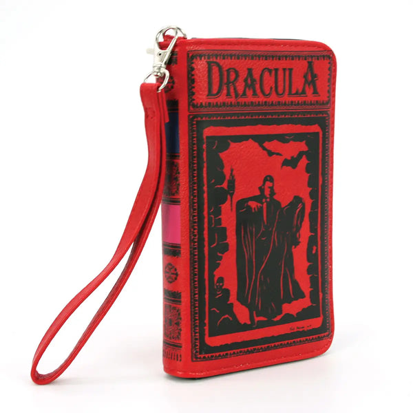 textured red faux leather with black print book-shaped "Dracula" wallet