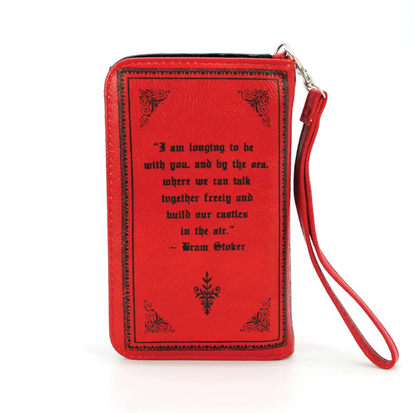textured red faux leather with black print book-shaped "Dracula" wallet, shown back view