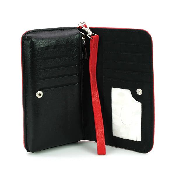 textured red faux leather with black print book-shaped "Dracula" wallet, showing solid black interior