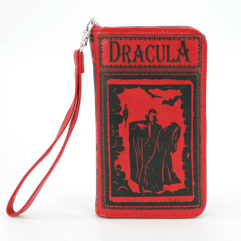 textured red faux leather with black print book-shaped "Dracula" wallet