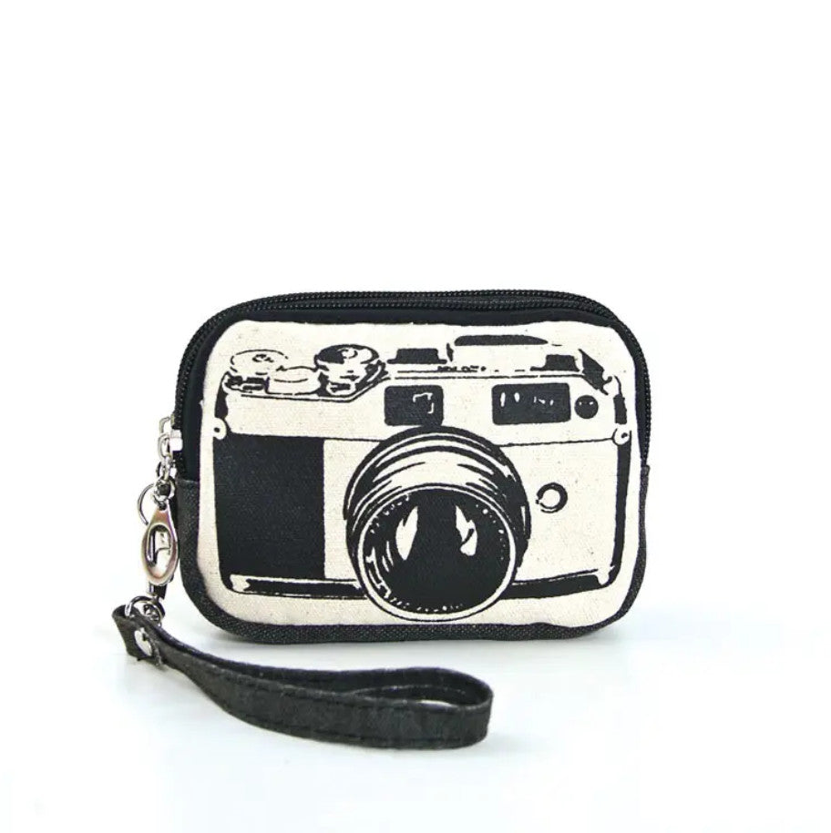 5.25" black & creamy-tan canvas printed 35mm Camera image rectangular pouch with two zipper closure compartments, and detachable wristlet strap