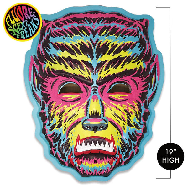 Ghoulsville Flourescent Freaks "Shock Wolf" vac-form plastic wall decor mask in vibrant blacklight-reactive ghoulish green, blue, and pinky red