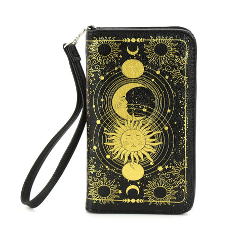 textured black faux leather with metallic gold sun, moon, and stars Celestial-themed print book-shaped wallet