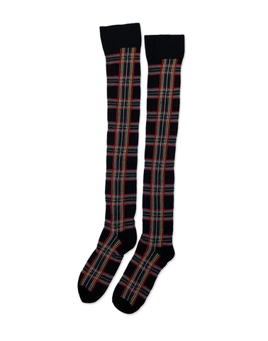 Over-the-knee socks in a black background plaid with red, yellow, and grey