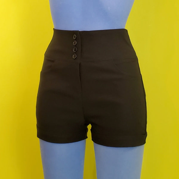 fitted black stretch high-waist cuffed shorts front zipper and four-button wide waistband closure front pockets, shown on blue mannequin