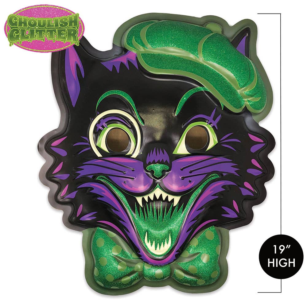 Ghoulsville black, purple, and glitter-y green "Lucky Cat" in a hat vacu-form plastic wall decor mask