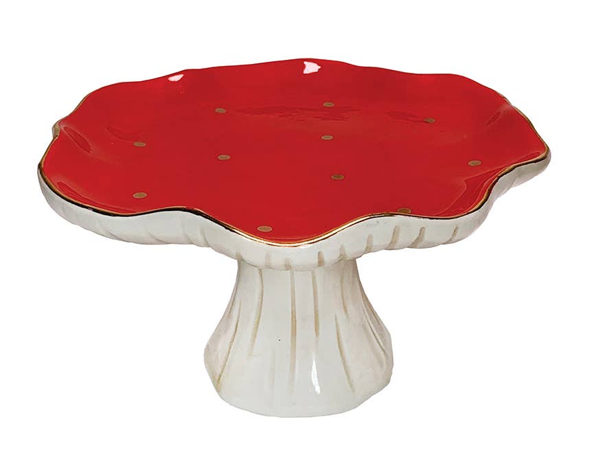 Red, white, and metallic gold hand-painted ceramic toadstool mushroom shaped pedestal trinket dish