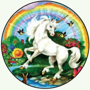 Unicorn in front of a rainbow button