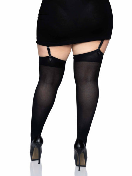 opaque solid black nylon thigh high stockings, shown on model