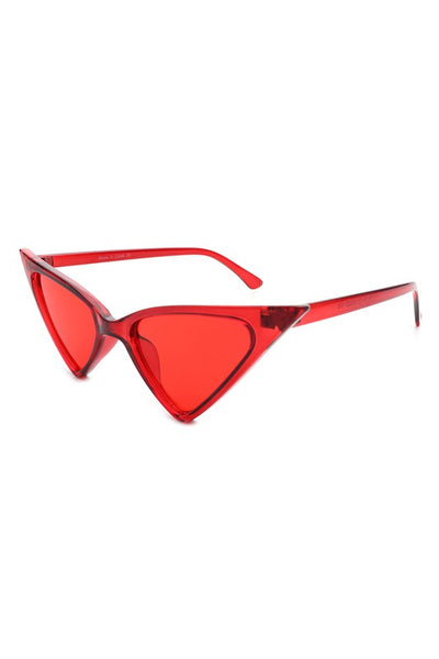 Shiny translucent red plastic frame extreme triangle shape sunglasses with bright red lenses seen at a 45 degree angle to show arms