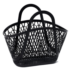 A large black rounded handle bag in a market basket style with a criss-cross pattern and flat base