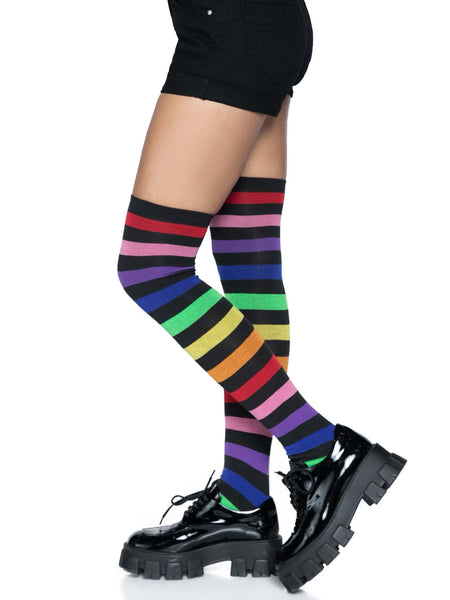black background rainbow striped thigh high socks, shown on model