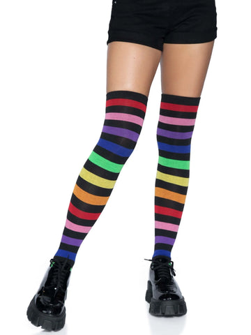 black background rainbow striped thigh high socks, shown on model