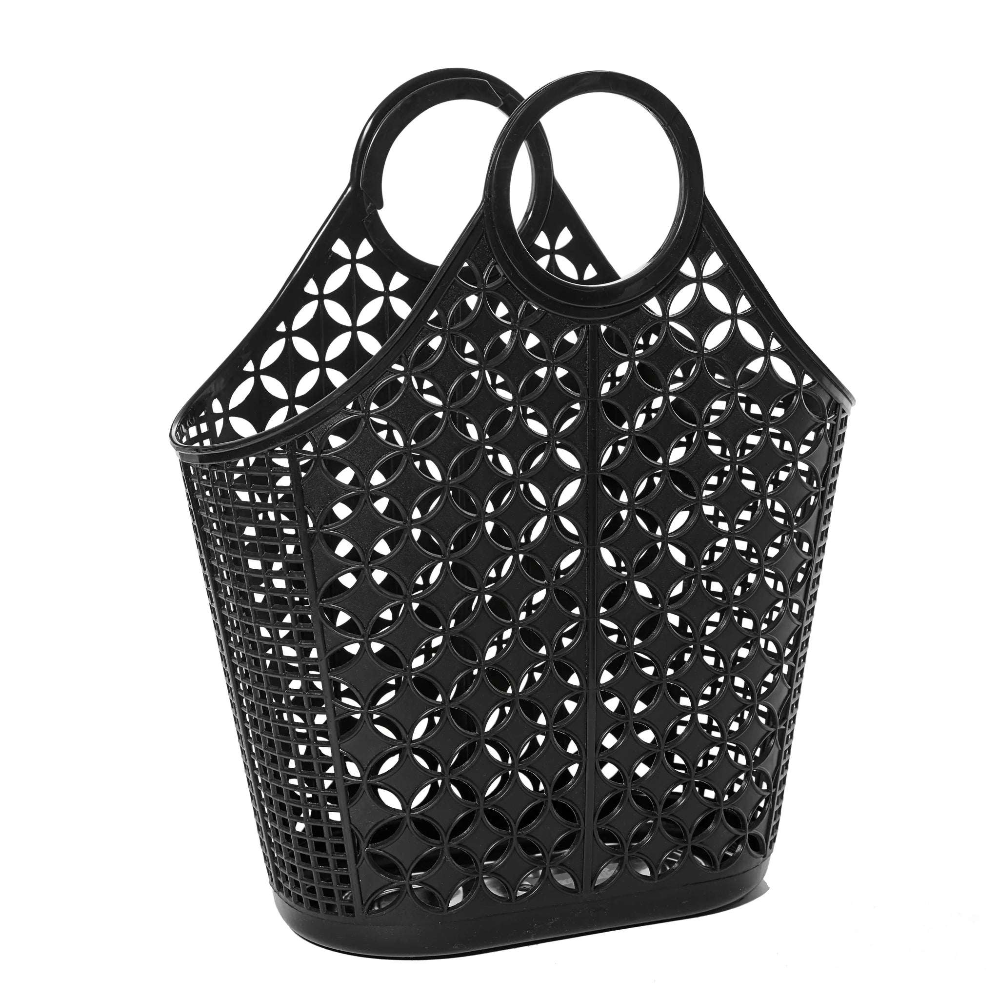 A large black plastic purse with two round interlocking handles, a flat base, and a diamond and grid pattern 
