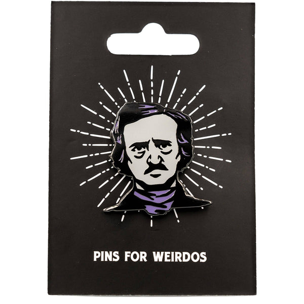 grey and purple Edgar Allan Poe bust enameled black metal pin, shown on illustrated backer card packaging