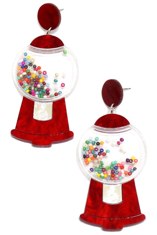 pair laser-cut acrylic red gumball machine drop earrings filled with multi-color bead "gumballs"