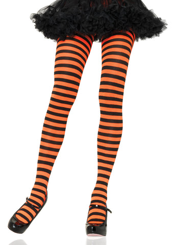 Striped opaque Nylon tights in black & orange, shown on model