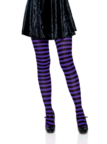 Striped opaque Nylon tights in black & purple, shown on model
