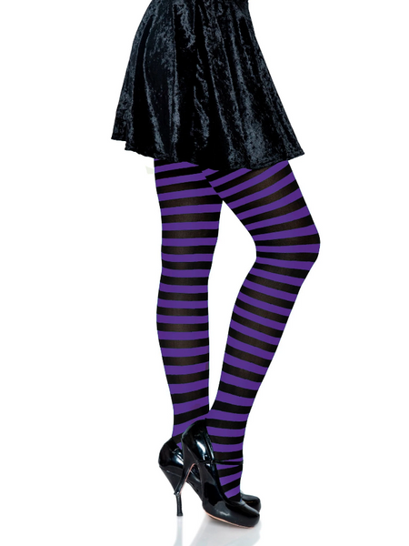 Striped opaque Nylon tights in black & purple, shown on model