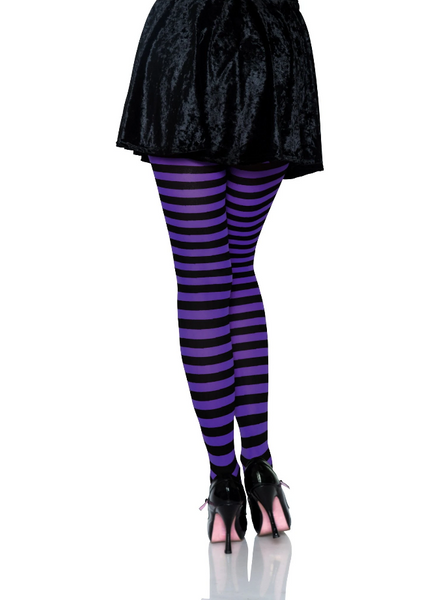 Striped opaque Nylon tights in black & purple, shown back view on model