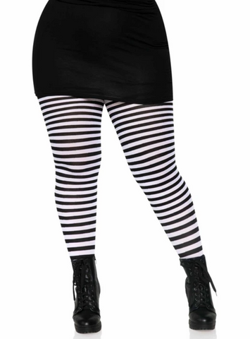 Striped opaque Nylon tights in black & white, shown on model