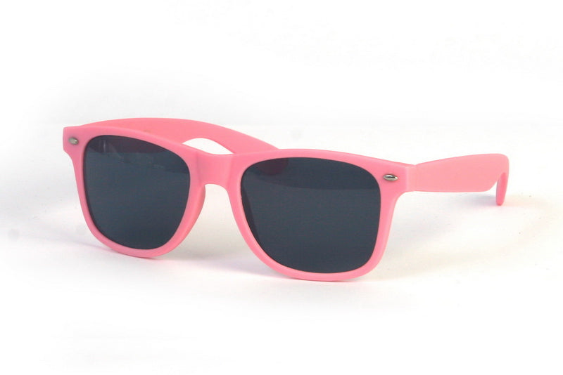Sturdy matte bright pink classic Wayfarer style plastic frame sunglasses with soft touch feel, dark smoke lens