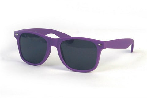 Sturdy matte purple classic Wayfarer style plastic frame sunglasses with soft touch feel, dark smoke lens