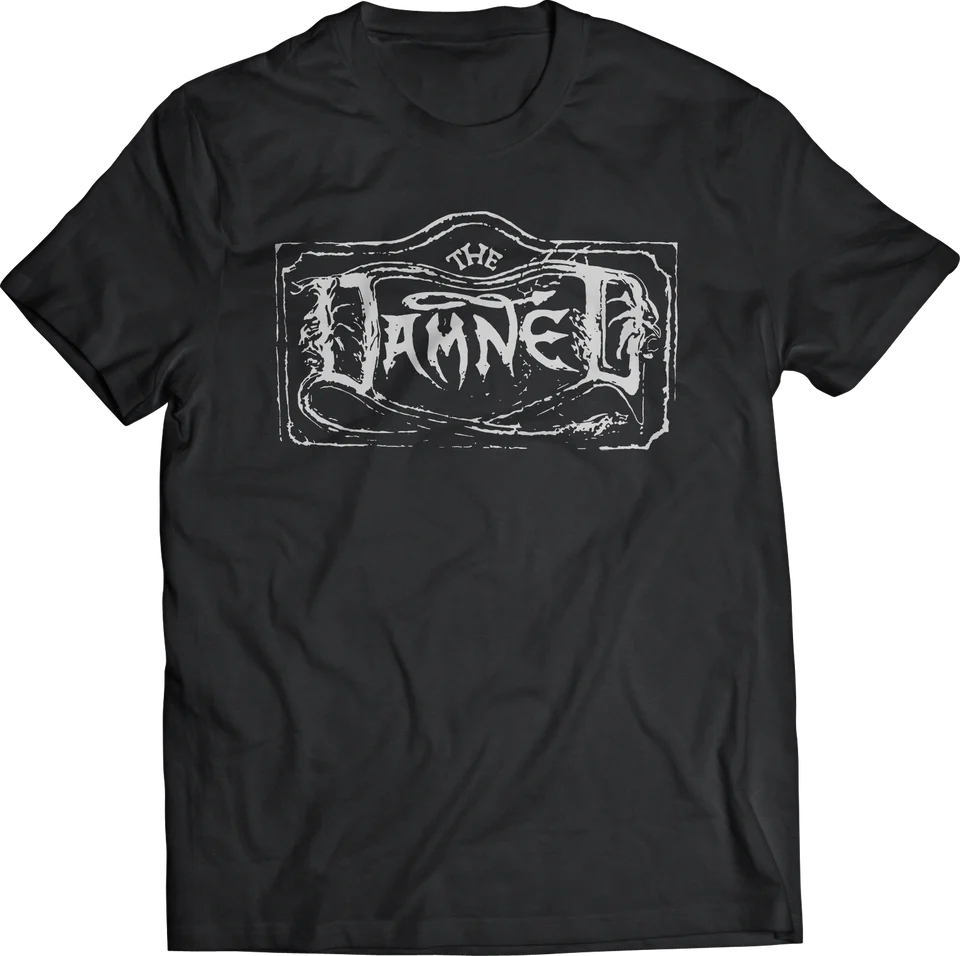 White Plastisol ink Damned Black Album logo on a black unisex heavyweight t-shirt