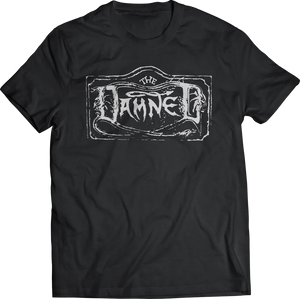 White Plastisol ink Damned Black Album logo on a black unisex heavyweight t-shirt