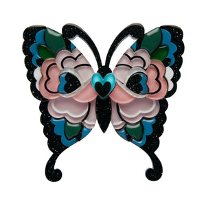 "Fright of the Butterfly" pink, blue, green, and glitter black layered resin brooch
